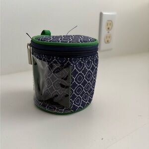 Navy Patterned Round bracelet Pouch with Green Trim